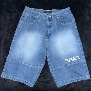 -Vintage Y2K Sean John Lightwashed Faded Spell Out Baggy Fit Denim Jean Shorts